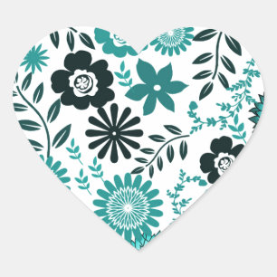 Turquoise blue and dark olive green pattern floral heart sticker