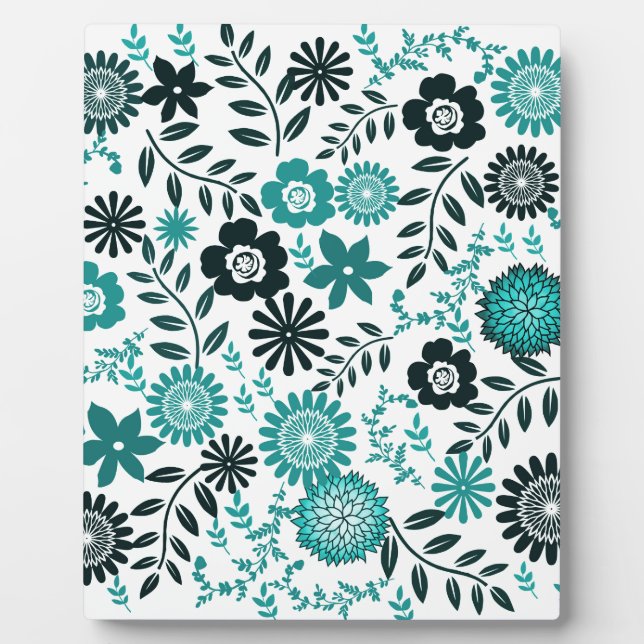 Turquoise blue and dark olive green pattern floral plaque (Front)