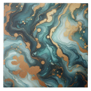 Turquoise Blue and Gold Alcohol Ink Ceramic Tile