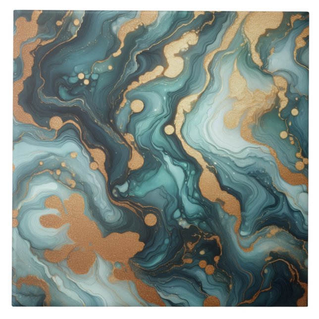 Turquoise Blue and Gold Alcohol Ink Ceramic Tile (Front)