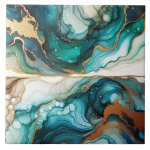 Turquoise Blue and Gold Alcohol Ink Ceramic Tile