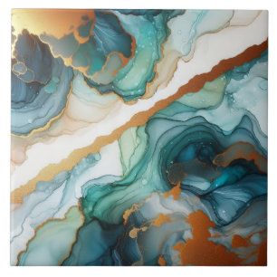 Turquoise Blue and Gold Alcohol Ink Ceramic Tile