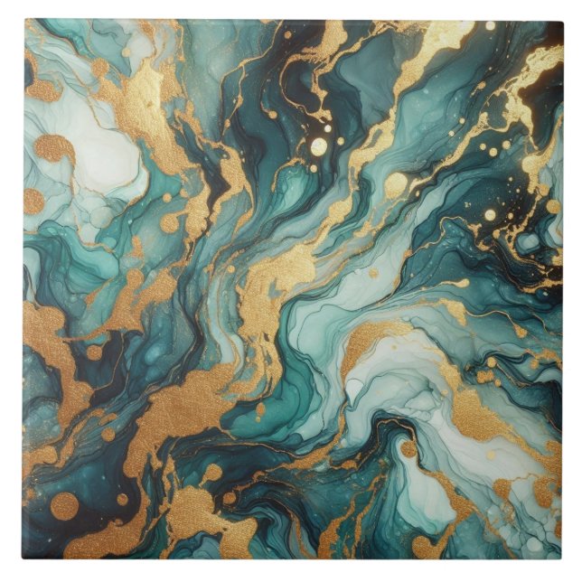 Turquoise Blue and Gold Alcohol Ink Ceramic Tile (Front)