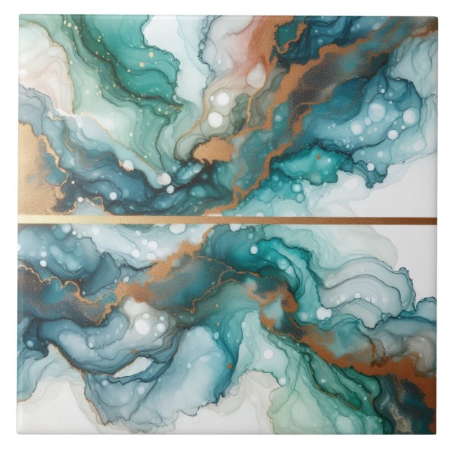 Turquoise Blue and Gold Alcohol Ink Ceramic Tile (Front)