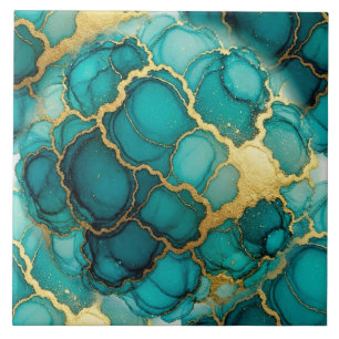 Turquoise Blue and Gold Alcohol Ink Ceramic Tile