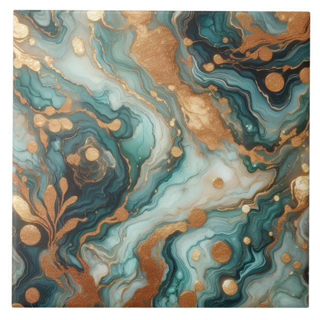 Turquoise Blue and Gold Alcohol Ink Ceramic Tile (Front)