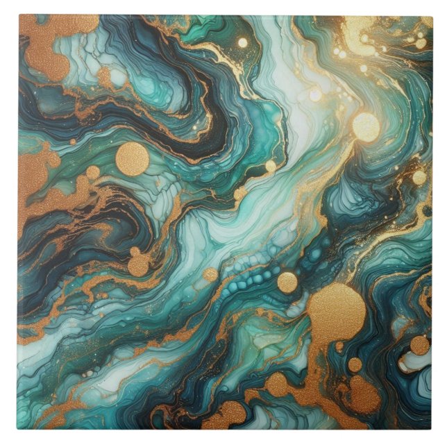 Turquoise Blue and Gold Alcohol Ink Ceramic Tile (Front)