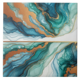 Turquoise Blue and Gold Alcohol Ink Ceramic Tile