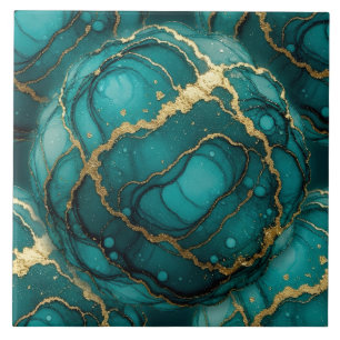 Turquoise Blue and Gold Alcohol Ink Ceramic Tile