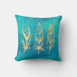 Turquoise Blue and Gold Feathers Cushion