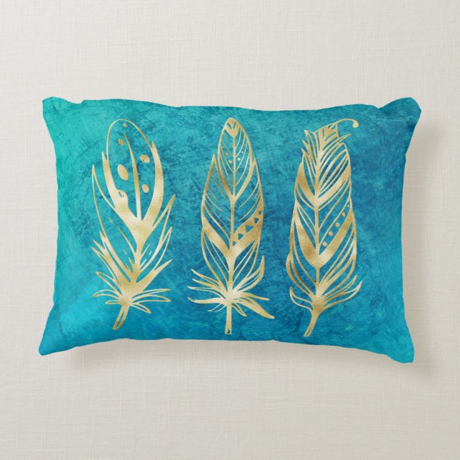 Turquoise Blue and Gold Feathers Decorative Cushion (Back)