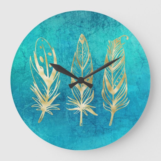 Turquoise Blue and Gold Feathers Large Clock (Front)