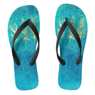 Turquoise Blue and Gold Feathers Thongs