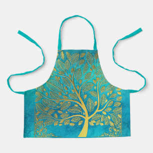 Turquoise Blue and Gold Tree  Apron