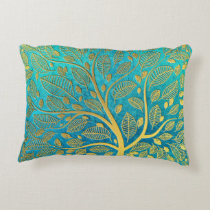 Turquoise Blue and Gold Tree Decorative Cushion