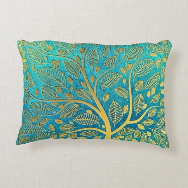 Turquoise Blue and Gold Tree Decorative Cushion (Back)