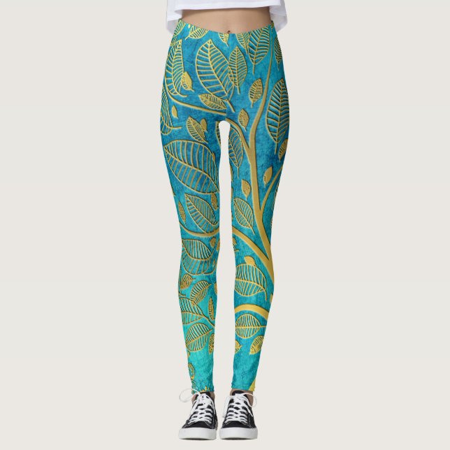 Turquoise Blue and Gold Tree Leggings (Front)