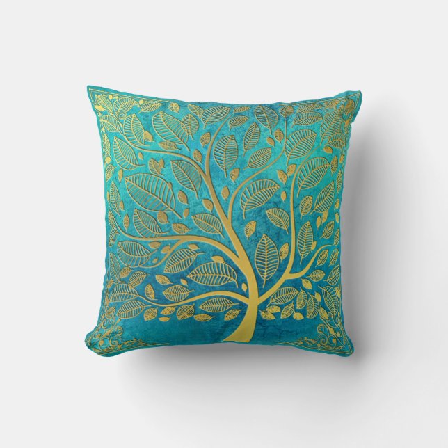 Turquoise Blue and Gold Tree Of Life Cushion (Front)