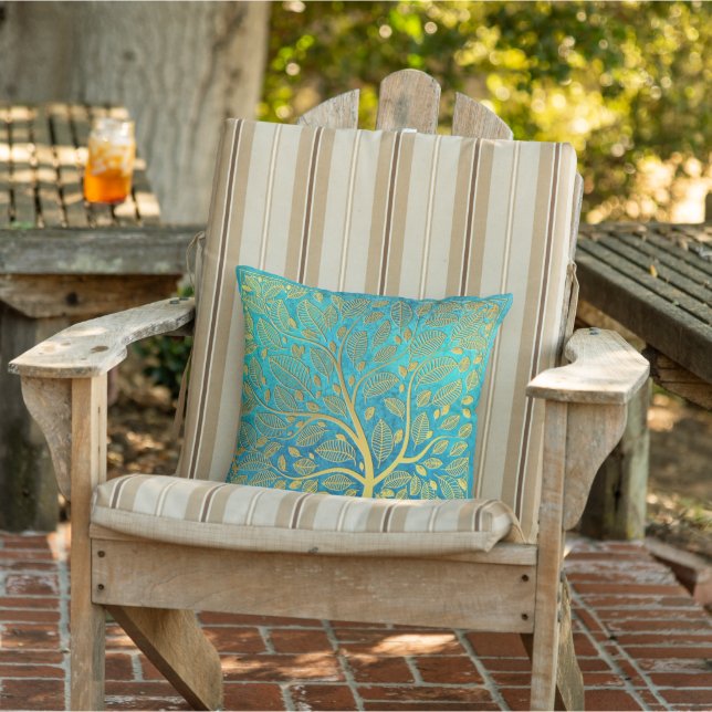 Turquoise Blue and Gold Tree Of Life Cushion (Chair)