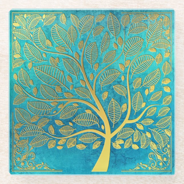 Turquoise Blue and Gold Tree Of Life  Glass Coaster (Front)