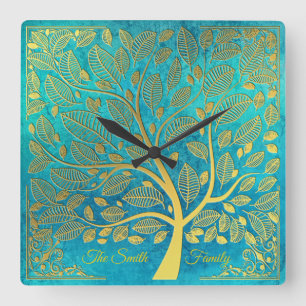 Turquoise Blue and Gold Tree Of Life *Personalise* Square Wall Clock