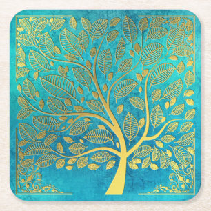 Turquoise Blue and Gold Tree Of Life Square Paper Coaster