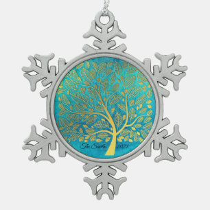 Turquoise Blue and Gold Tree *Personalise* Snowflake Pewter Christmas Ornament