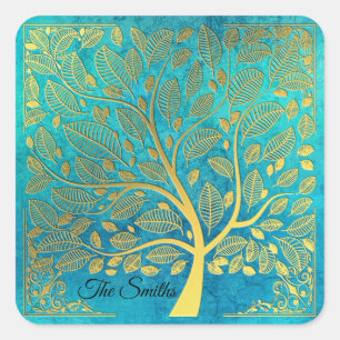 Turquoise Blue and Gold Tree  *Personalise* Square Sticker