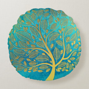 Turquoise Blue and Gold Tree Round Cushion