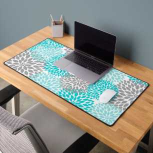 Turquoise Blue and Gray Dahlia Floral Desk Mat