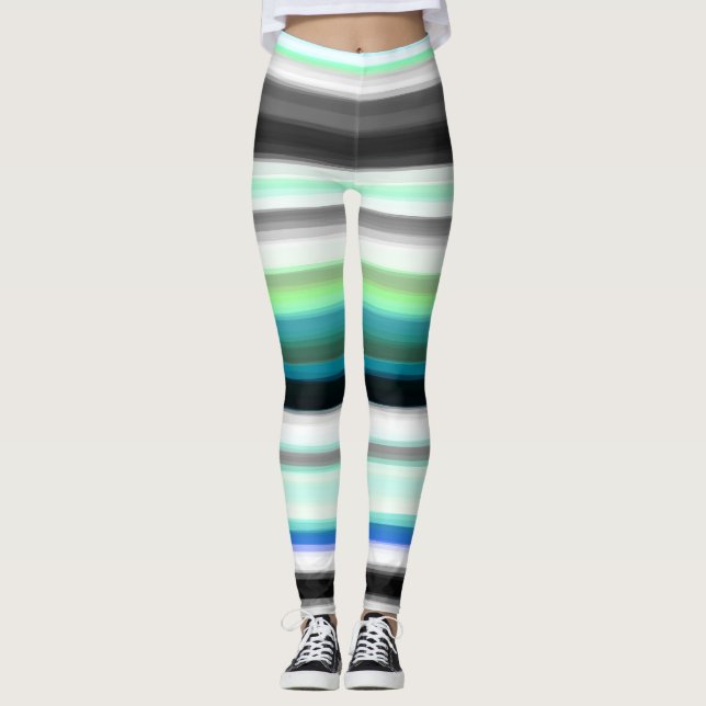 Turquoise, blue and Grey Abstract Stripes Leggings (Front)