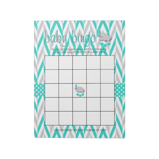 Turquoise Blue and Grey Elephant Baby Shower Game Notepad (Rotated)