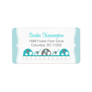 Turquoise Blue and Grey Elephants Baby Girl Shower Label