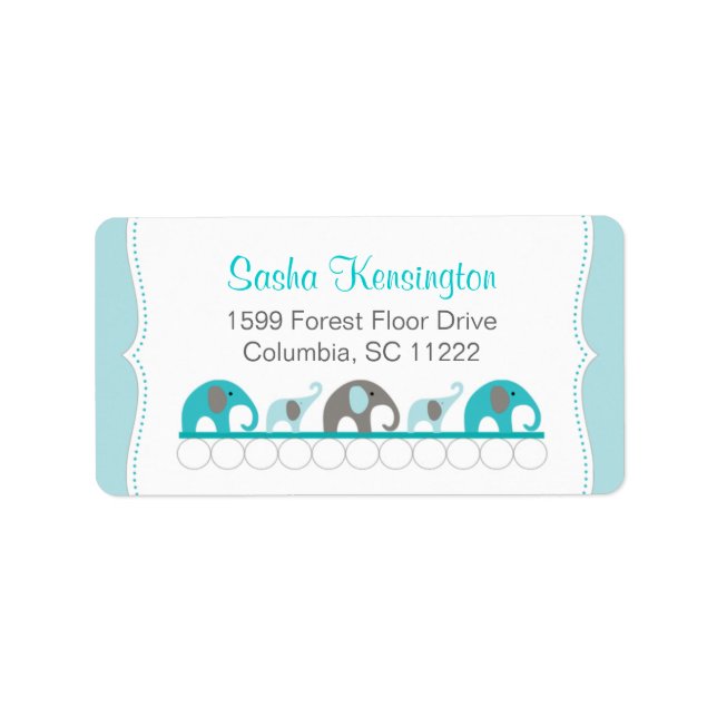 Turquoise Blue and Grey Elephants Baby Girl Shower Label (Front)