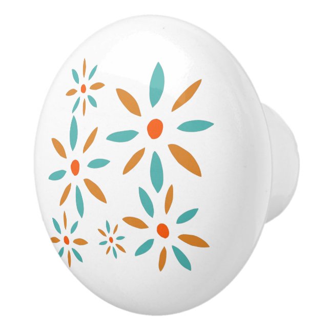 Turquoise Blue And Orange Mid Century Flowers Ceramic Knob (Right)