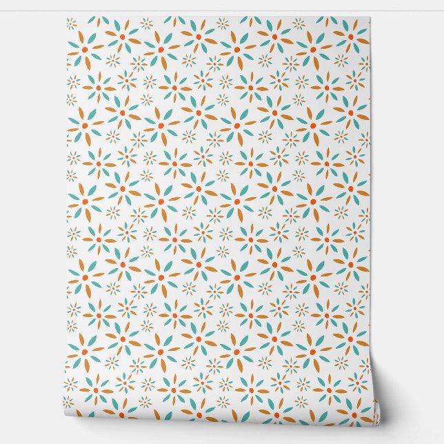 Turquoise Blue And Orange Retro Flower Pattern Wallpaper (Unrolling)