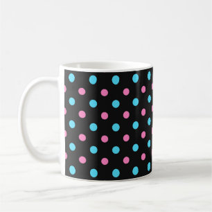 turquoise blue and persian pink on black polka dot coffee mug