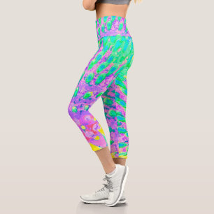 Turquoise Blue and Purple Abstract Coneflower Capri Leggings