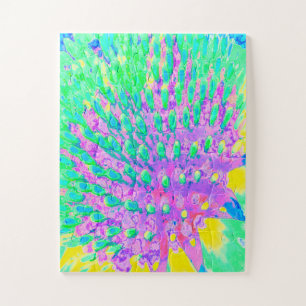 Turquoise Blue and Purple Abstract Coneflower Jigsaw Puzzle