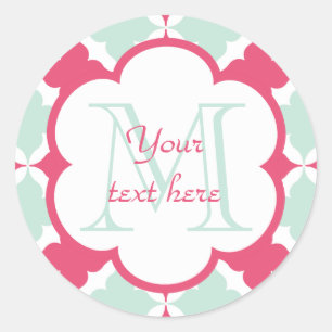 Turquoise Blue and Rose red tile pattern monogram Classic Round Sticker