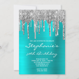Turquoise Blue and Silver Drip 50th Birthday Invitation