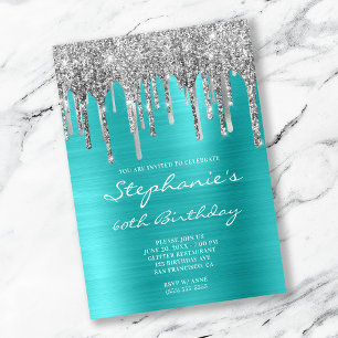 Turquoise Blue and Silver Drip 60th Birthday Invitation