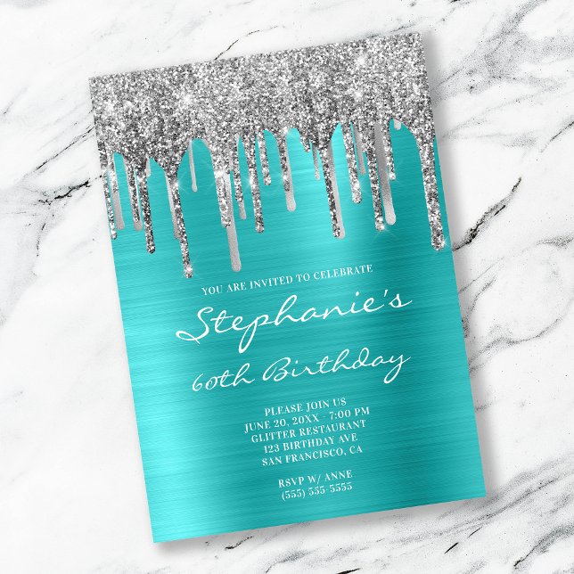 Turquoise Blue and Silver Drip 60th Birthday Invitation (Creator Uploaded)