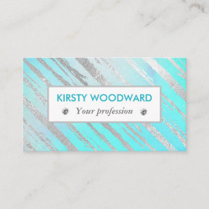 Turquoise Blue and Silver Foil Brushstrokes Business Card