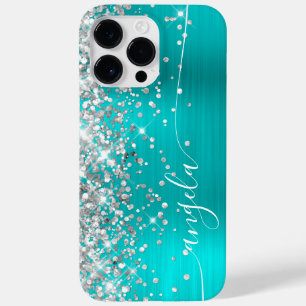 Turquoise Blue and Silver Glittery Glam Signature Case-Mate iPhone 14 Pro Max Case