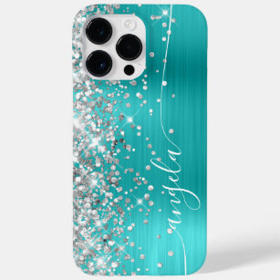 Turquoise Blue and Silver Glittery Glam Signature Case-Mate iPhone 14 Pro Max Case