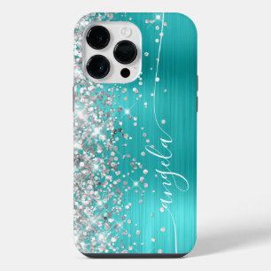 Turquoise Blue and Silver Glittery Glam Signature iPhone 14 Pro Max Case