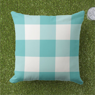 Turquoise Blue and White Gingham Plaid Pattern Cushion