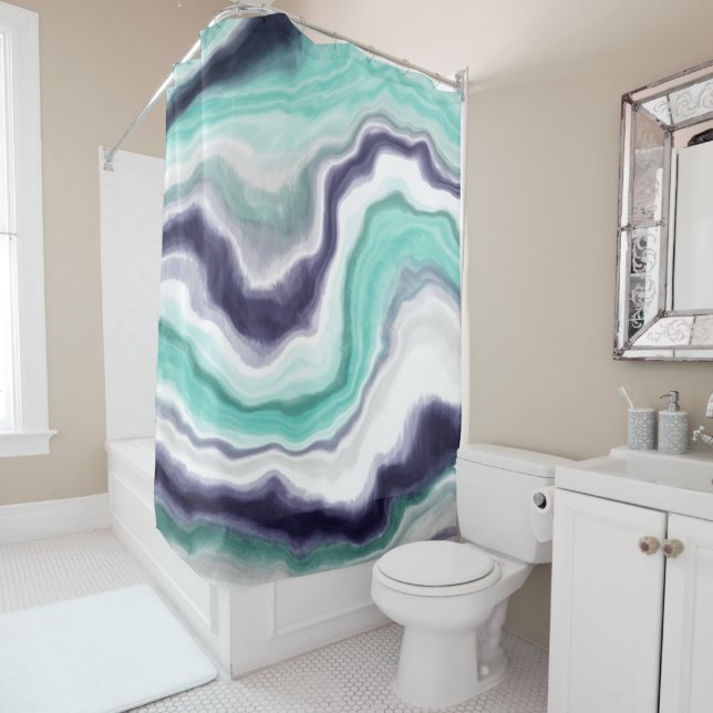 Turquoise, Blue and White Marble Swirls Shower Curtain (In Situ)