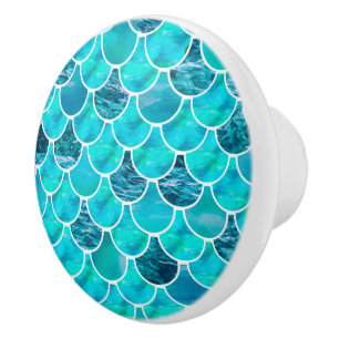 Turquoise blue and white mermaid scales ceramic knob